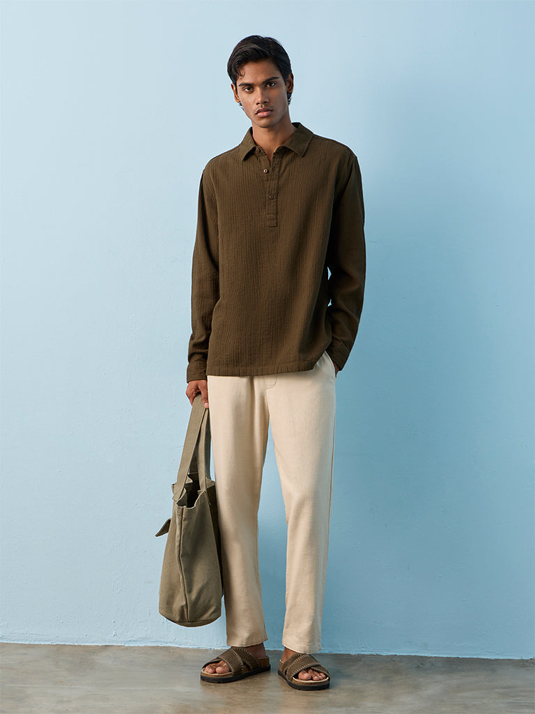 ETA Dark Olive Crinkle-Textured Relaxed-Fit Cotton Shirt