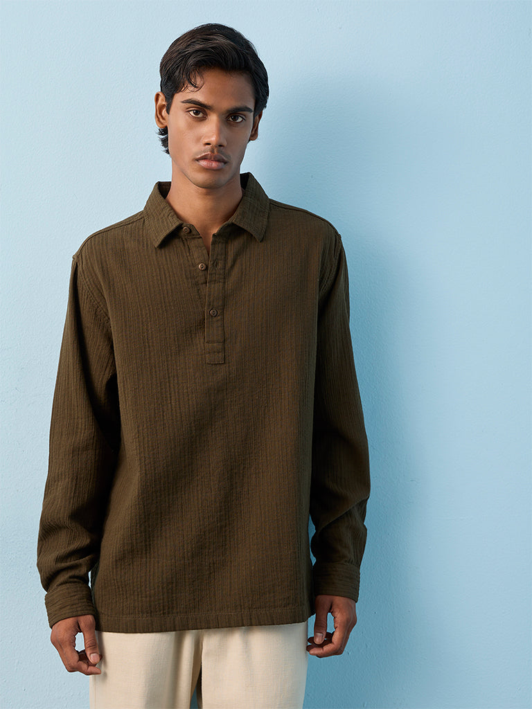 ETA Dark Olive Crinkle-Textured Relaxed-Fit Cotton Shirt