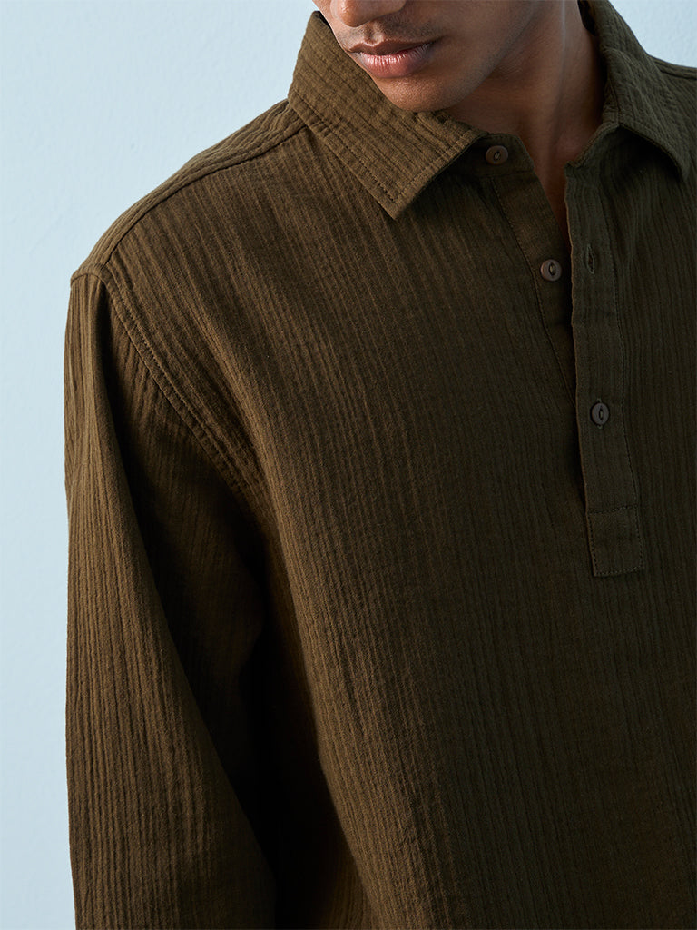 ETA Dark Olive Crinkle-Textured Relaxed-Fit Cotton Shirt