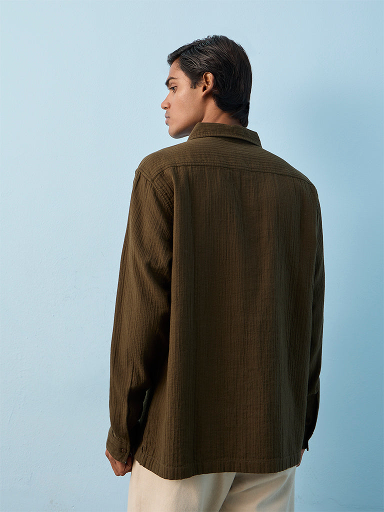 ETA Dark Olive Crinkle-Textured Relaxed-Fit Cotton Shirt