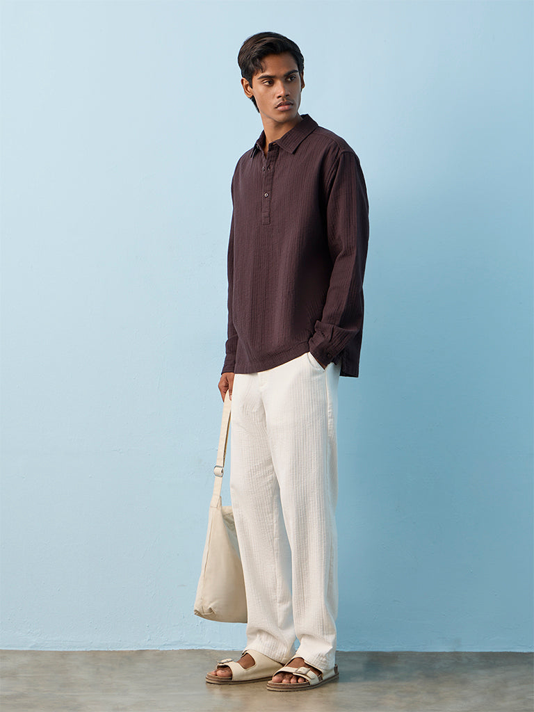 ETA Dark Purple Self-Striped Relaxed-Fit Cotton Shirt
