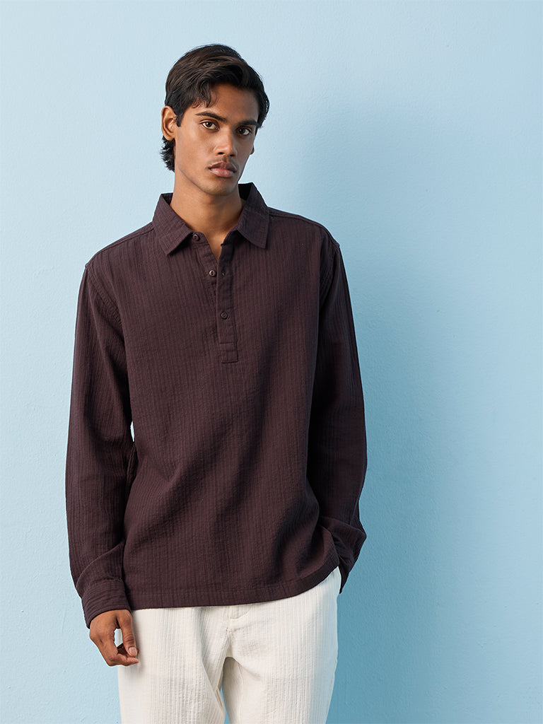 ETA Dark Purple Self-Striped Relaxed-Fit Cotton Shirt