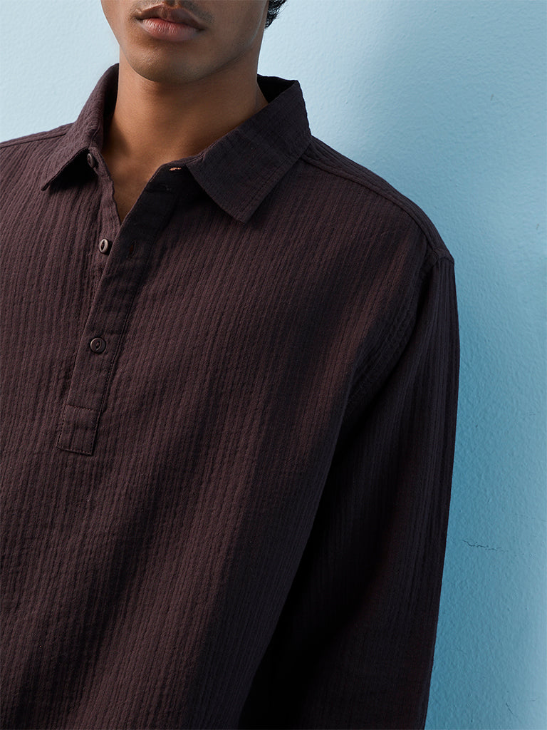 ETA Dark Purple Self-Striped Relaxed-Fit Cotton Shirt