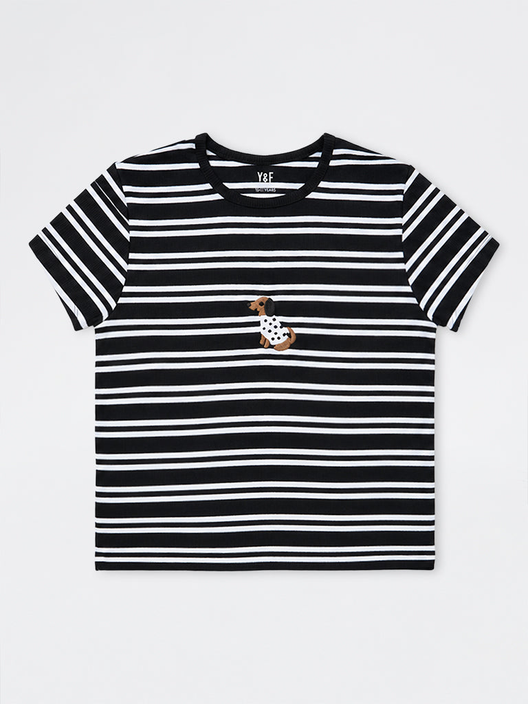 Girls Black Striped Cotton-Blend T-Shirt