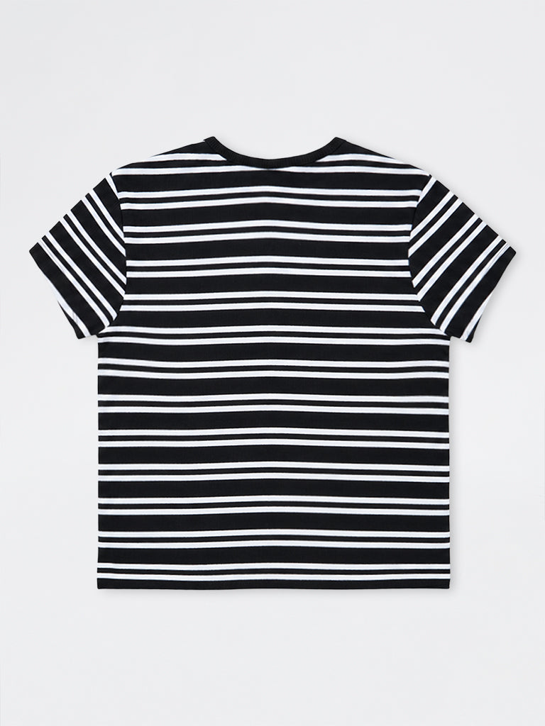 Girls Black Striped Cotton-Blend T-Shirt