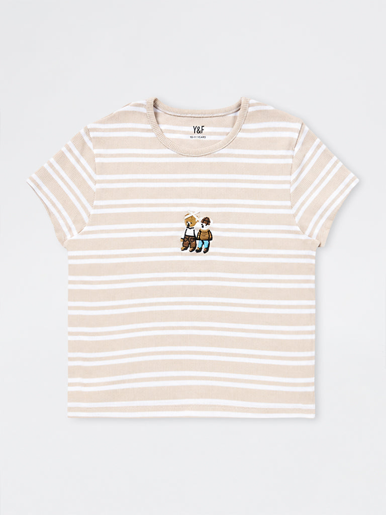 Girls Beige Striped Cotton-Blend T-Shirt