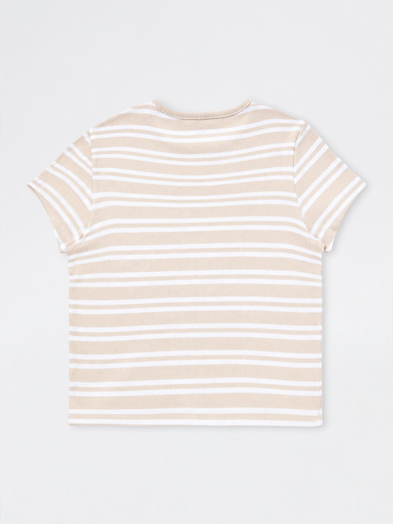 Girls Beige Striped Cotton-Blend T-Shirt