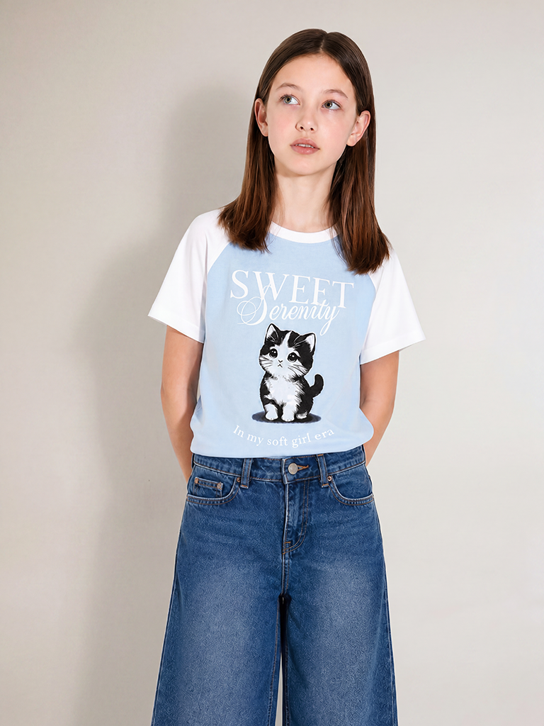 Girls Light Blue Kitten Printed Cotton-Blend Top