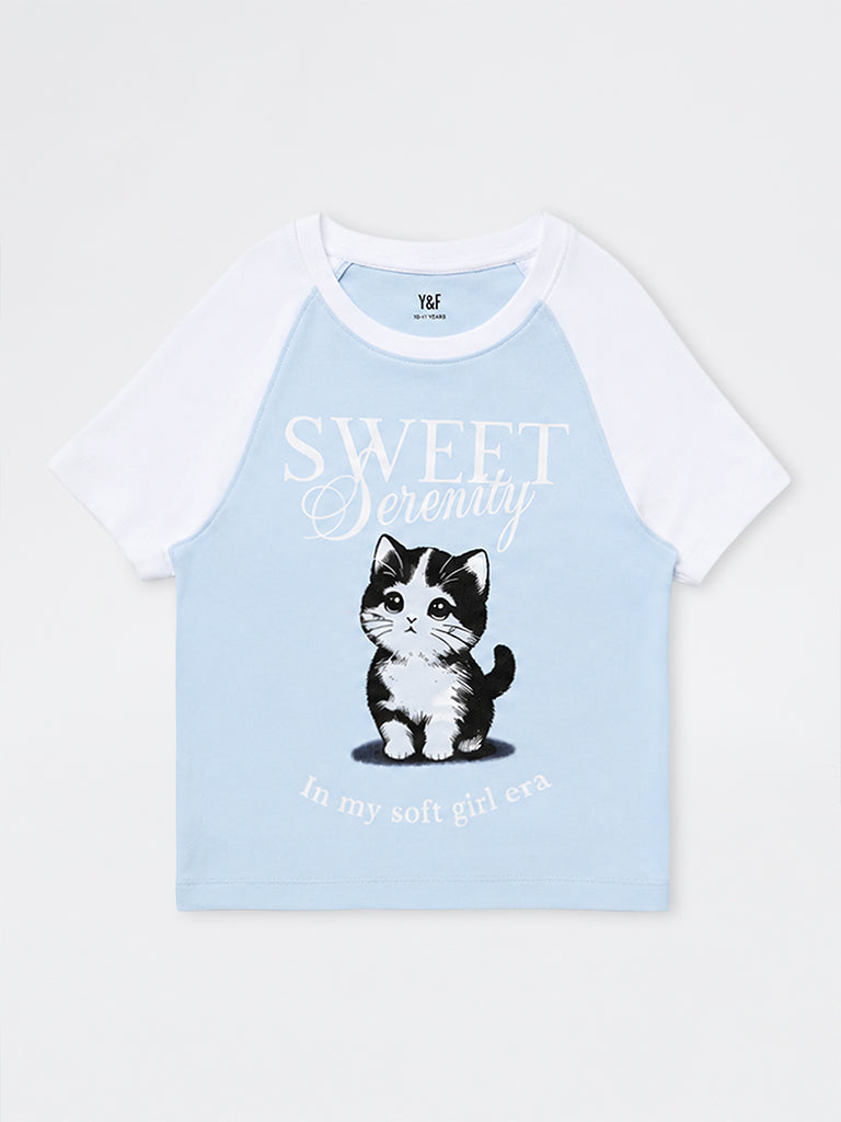 Girls Light Blue Kitten Printed Cotton-Blend Top