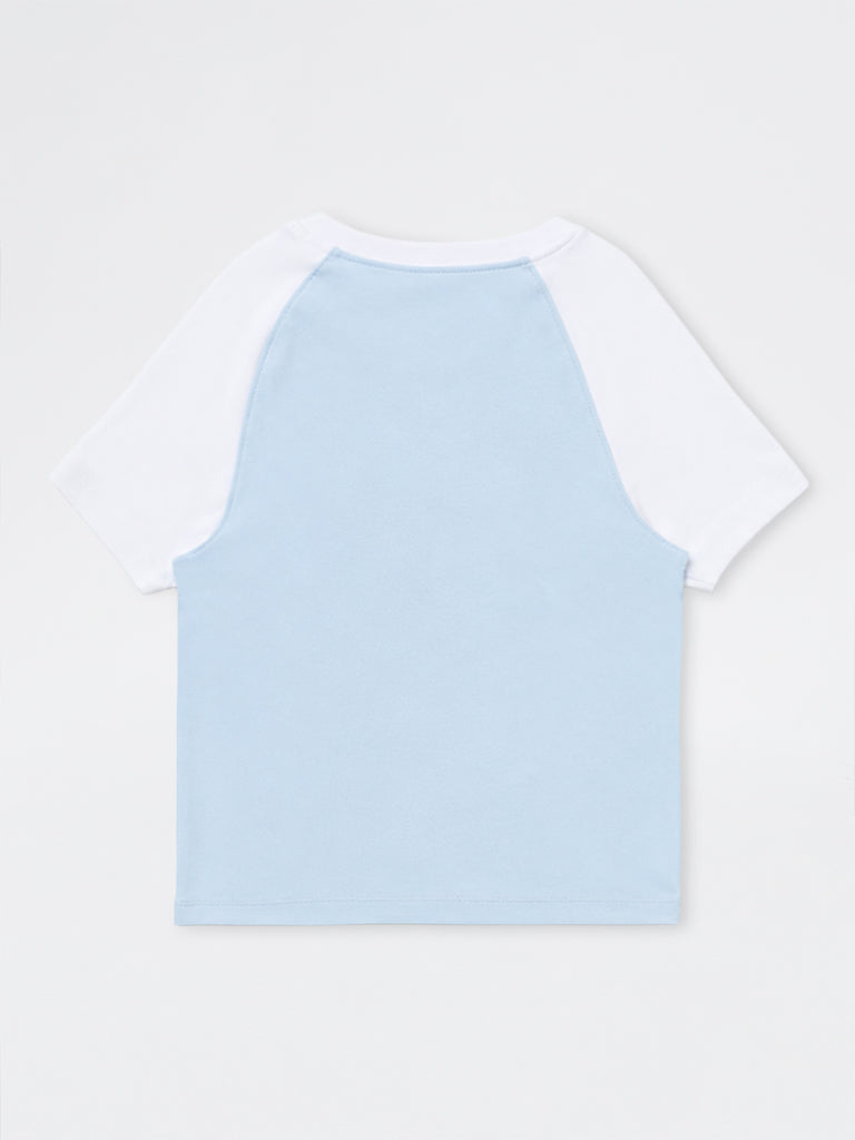 Girls Light Blue Kitten Printed Cotton-Blend Top