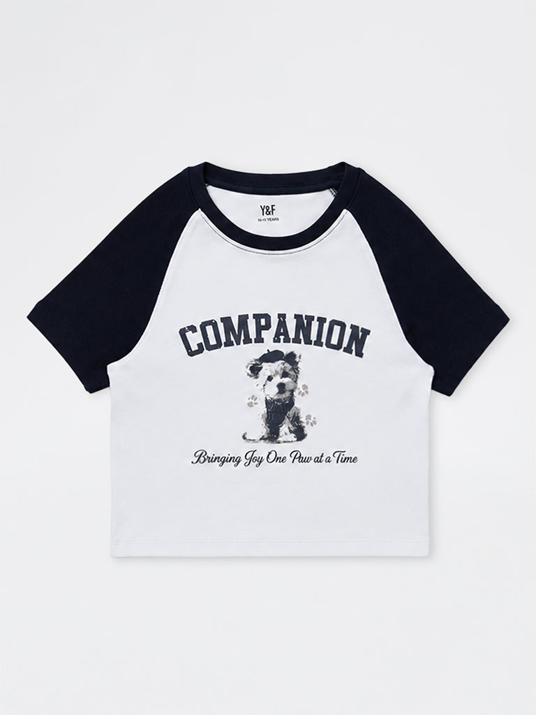 Girls White Printed Cotton-Blend T-Shirt
