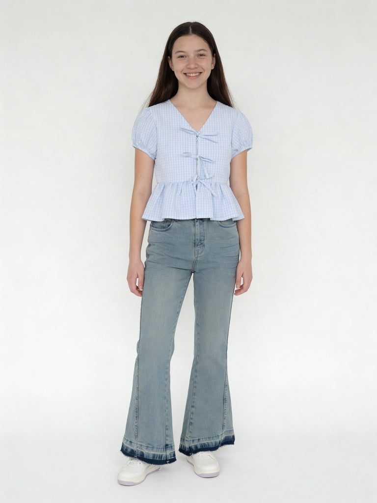Girls Blue Gingham Check Cotton Top