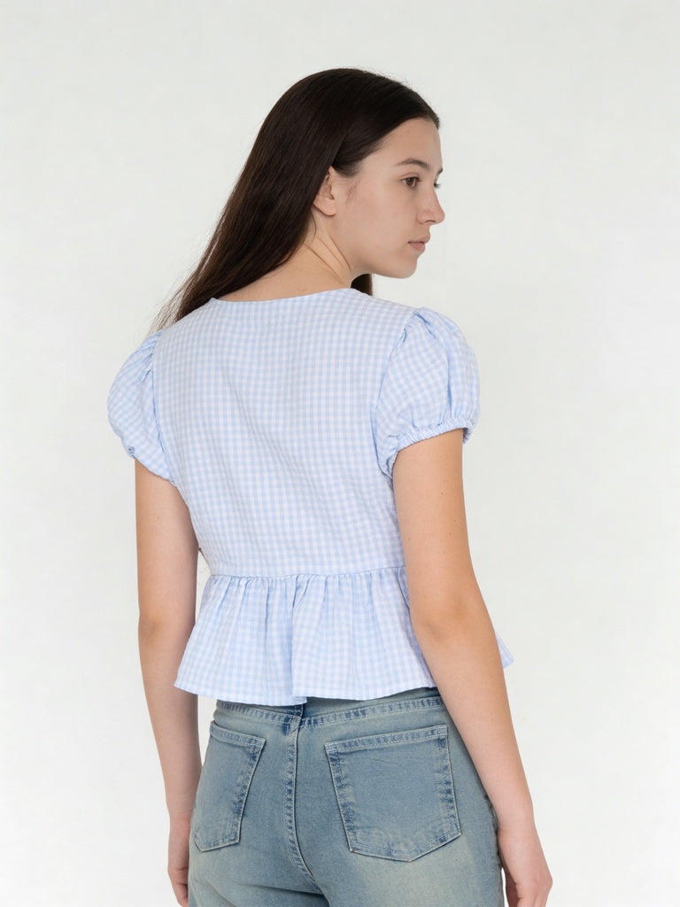 Girls Blue Gingham Check Cotton Top