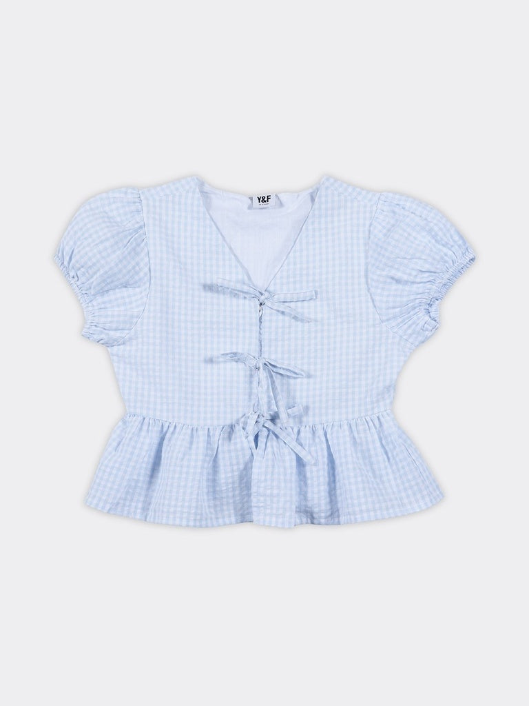 Girls Blue Gingham Check Cotton Top