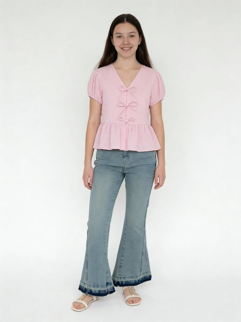 Girls Pink Gingham Checkered Cotton Top