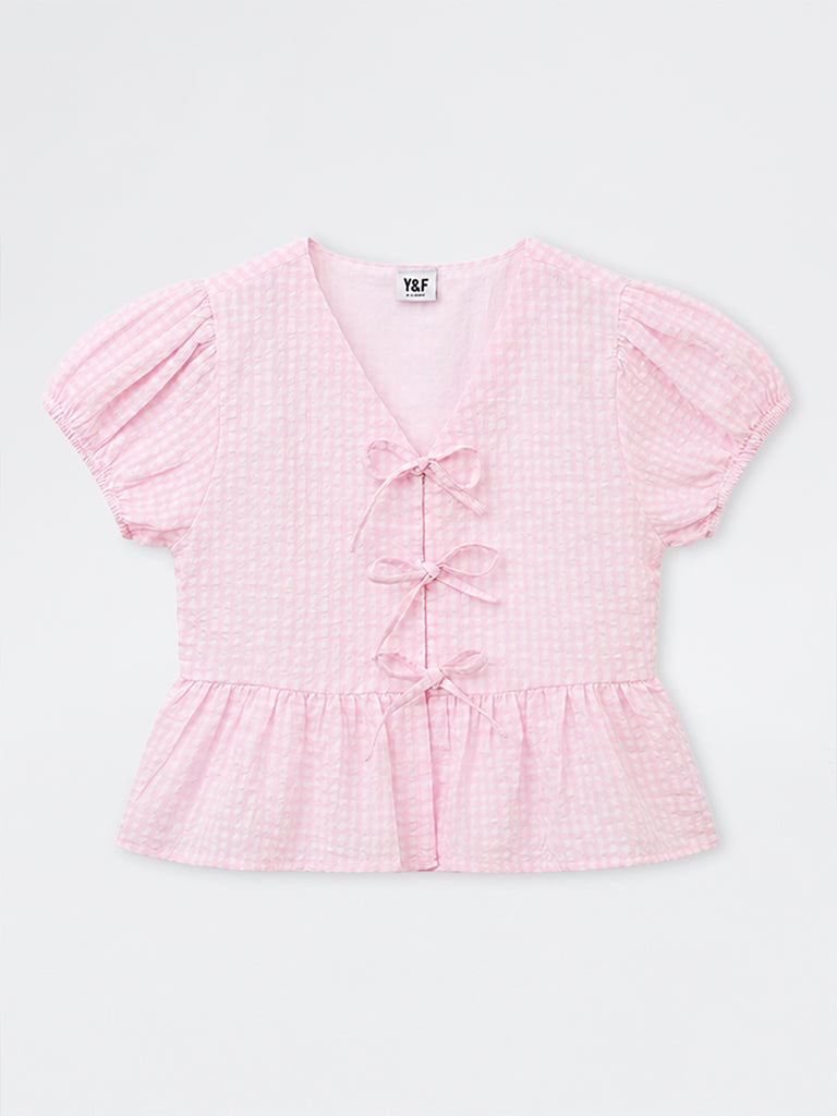 Girls Pink Gingham Checkered Cotton Top