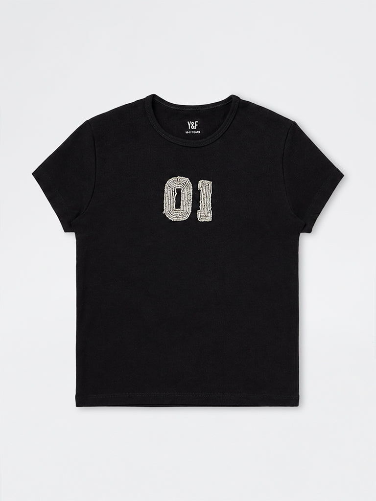 Girls Black Embroidered Cotton-Blend T-Shirt