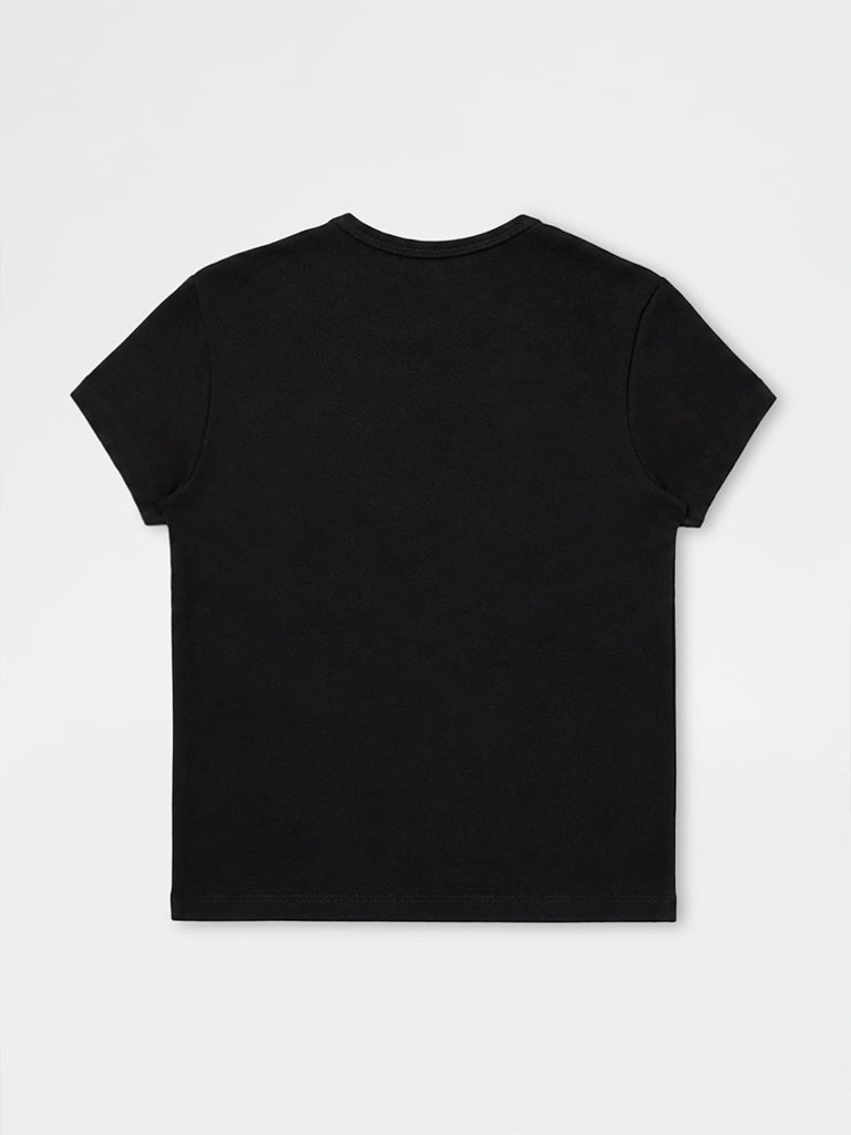 Girls Black Embroidered Cotton-Blend T-Shirt