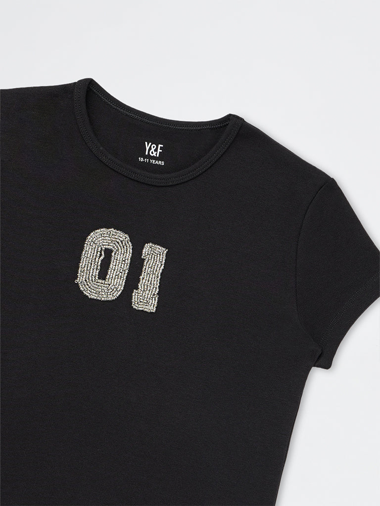 Girls Black Embroidered Cotton-Blend T-Shirt