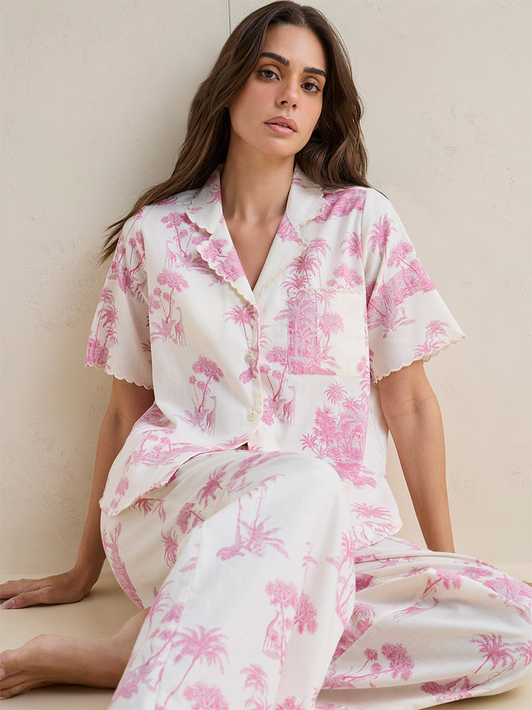 Wunderlove Pink Tropical Inspired Cotton Shirt and Pyjamas Set