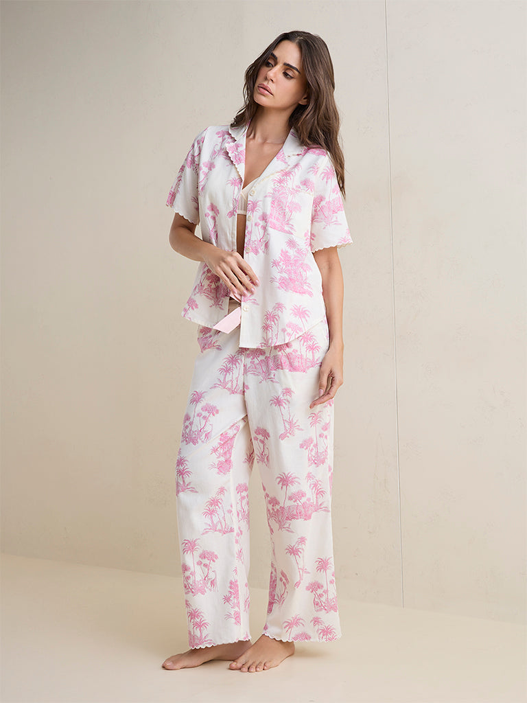 Wunderlove Pink Tropical Inspired Cotton Shirt and Pyjamas Set