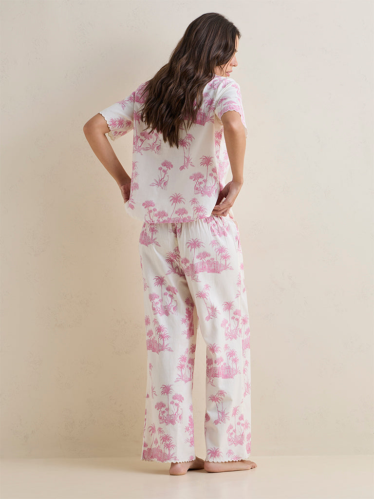 Wunderlove Pink Tropical Inspired Cotton Shirt and Pyjamas Set