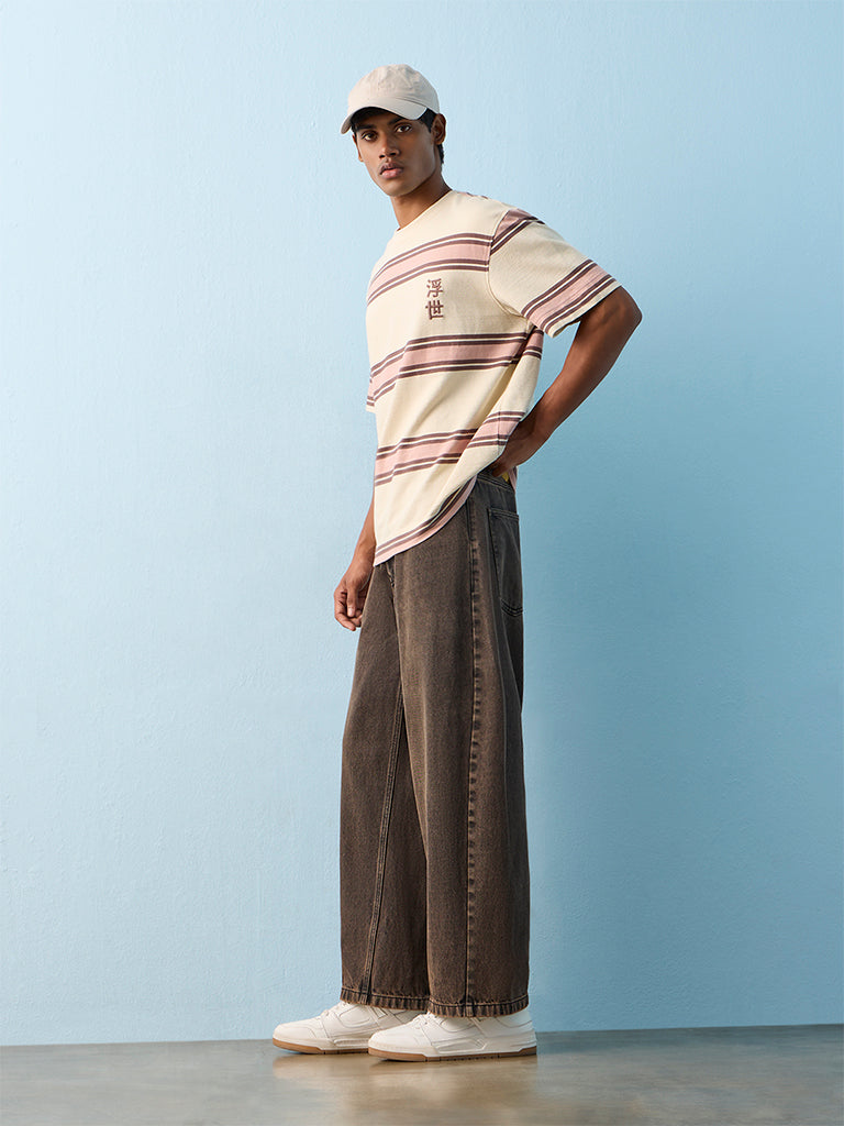 Nuon Brown Washed Straight-Fit Mid-Rise Jeans