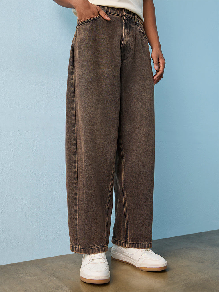 Nuon Brown Washed Straight-Fit Mid-Rise Jeans