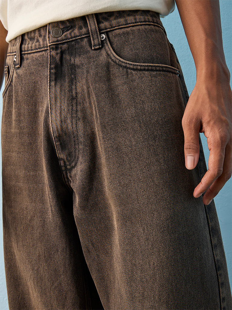 Nuon Brown Washed Straight-Fit Mid-Rise Jeans