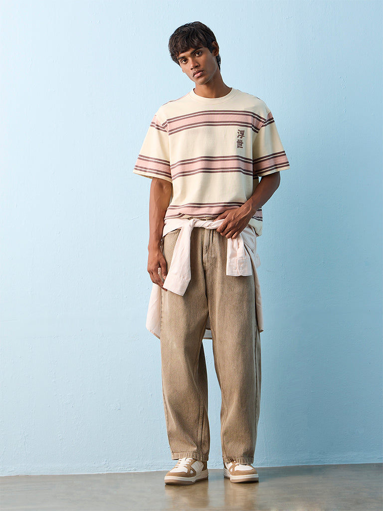 Nuon Taupe Barrel-Fit Mid-Rise Jeans