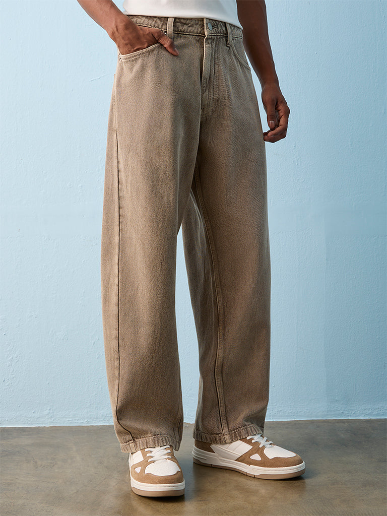 Nuon Taupe Barrel-Fit Mid-Rise Jeans