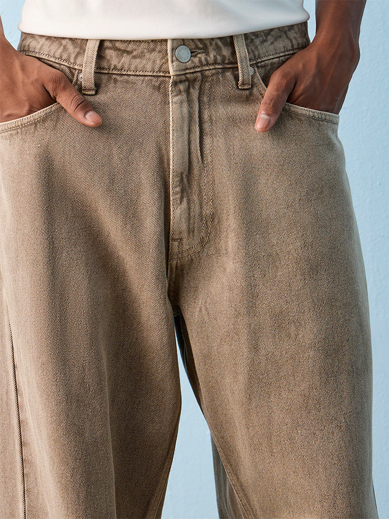 Nuon Taupe Barrel-Fit Mid-Rise Jeans