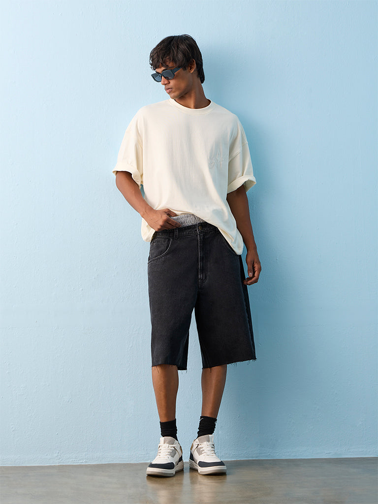 Nuon Black Baggy-Fit Mid-Rise Denim Shorts