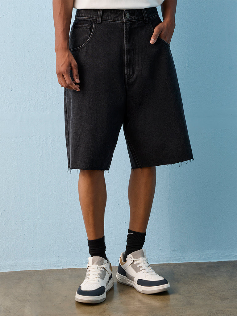 Nuon Black Baggy-Fit Mid-Rise Denim Shorts