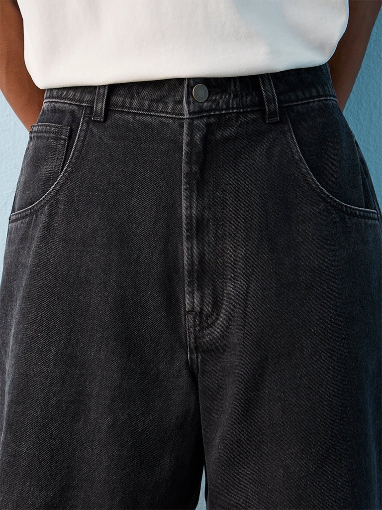 Nuon Black Baggy-Fit Mid-Rise Denim Shorts