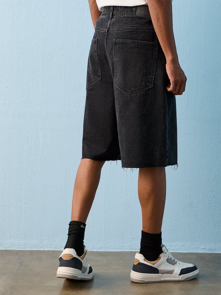 Nuon Black Baggy-Fit Mid-Rise Denim Shorts