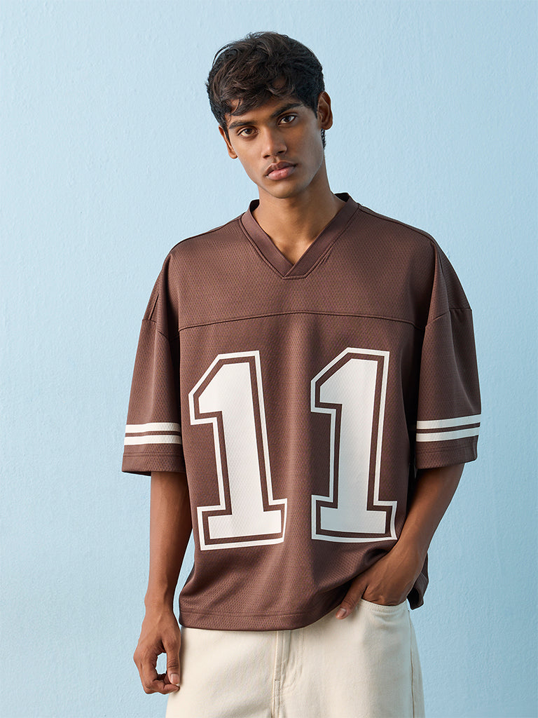 Nuon Brown Numerical Printed Oversized T-Shirt