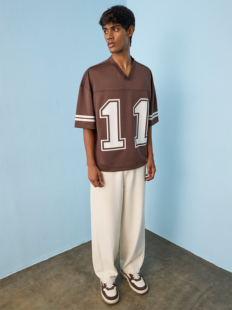 Nuon Brown Numerical Printed Oversized T-Shirt