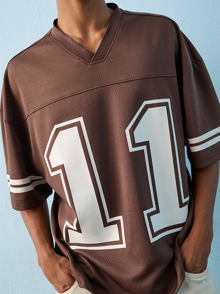 Nuon Brown Numerical Printed Oversized T-Shirt