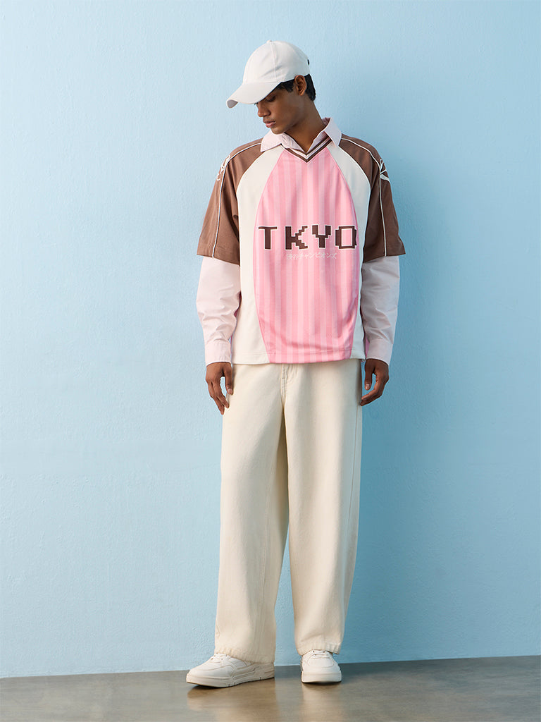 Nuon Pink Text-Printed Oversized Cotton-Blend T-Shirt