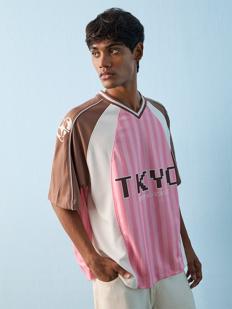 Nuon Pink Text-Printed Oversized Cotton-Blend T-Shirt