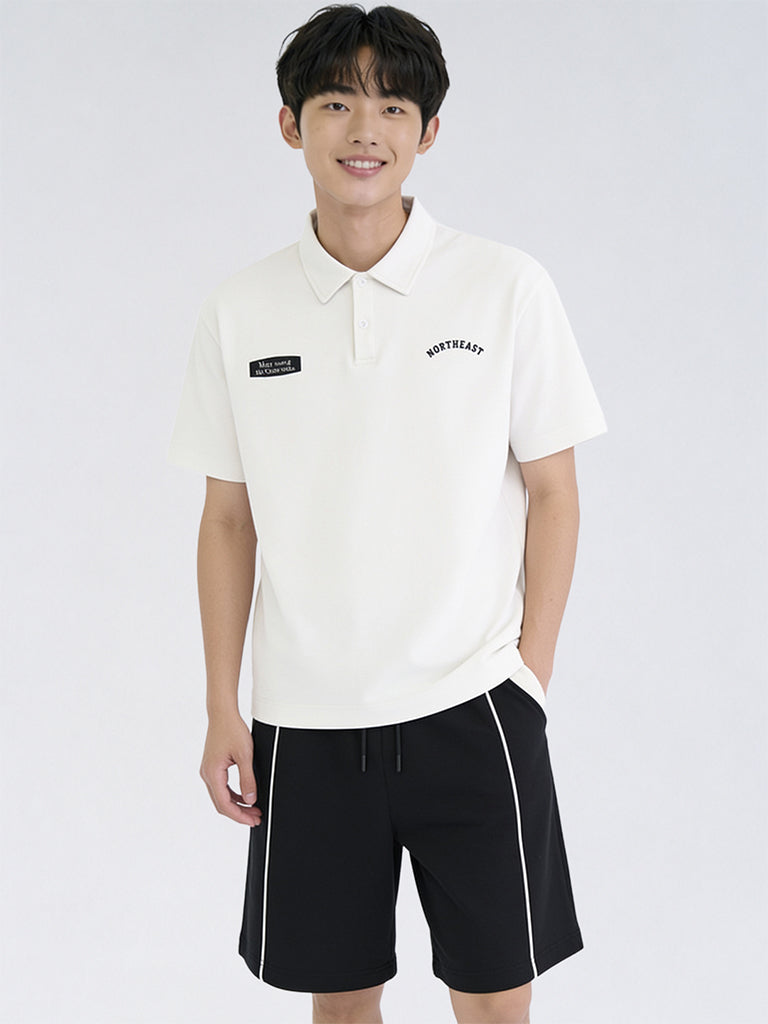Boys Off-White Printed Cotton-Blend Polo T-Shirt