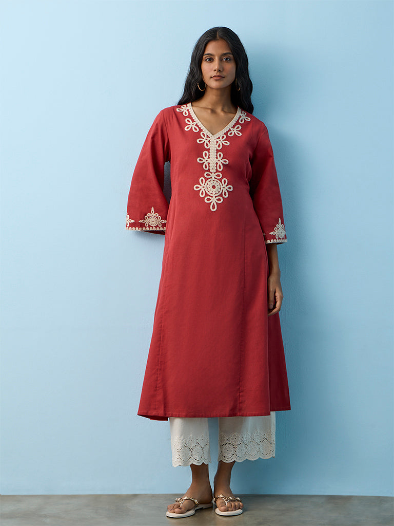 Utsa Rust Embroidered Cotton-Blend A-Line Kurta
