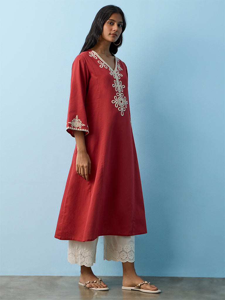 Utsa Rust Embroidered Cotton-Blend A-Line Kurta