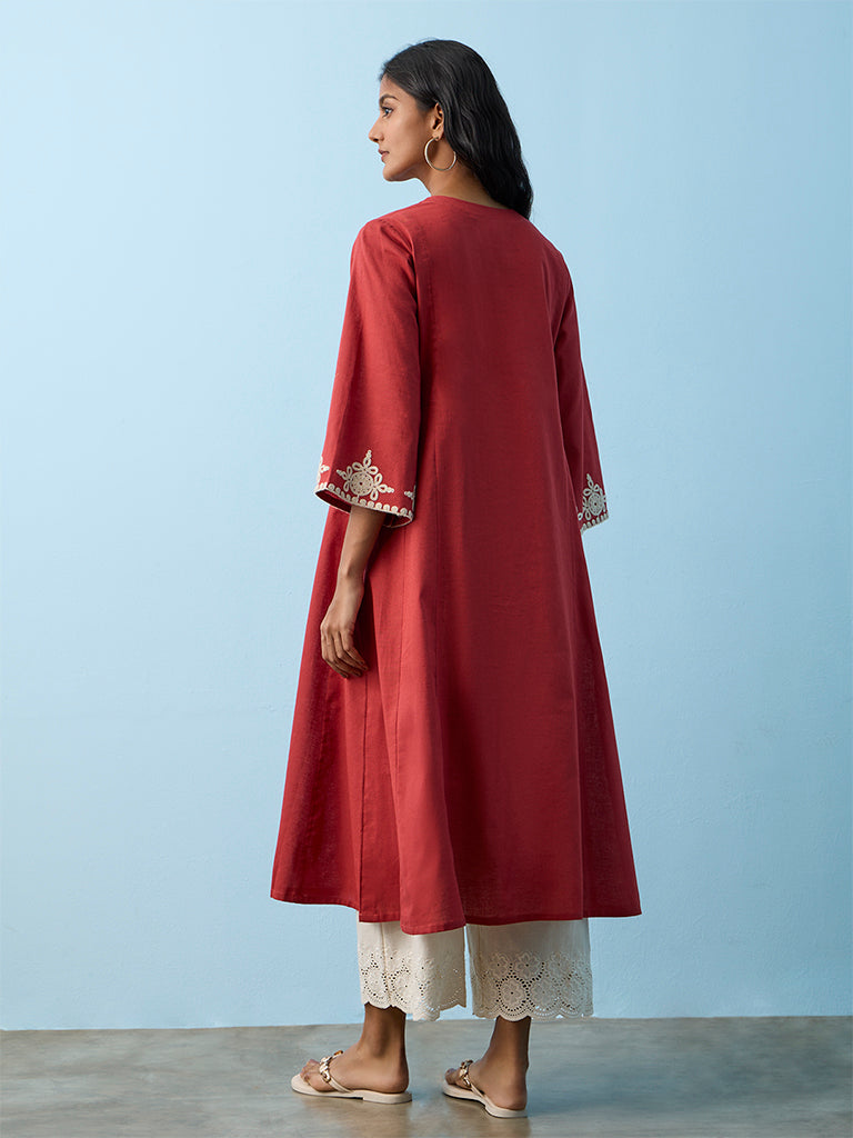 Utsa Rust Embroidered Cotton-Blend A-Line Kurta