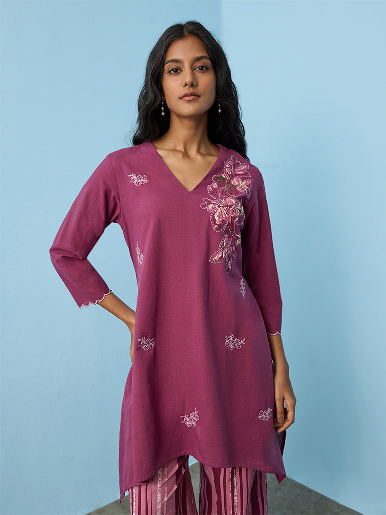 Utsa Magenta Floral-Embroidered Cotton-Blend A-Line Kurta