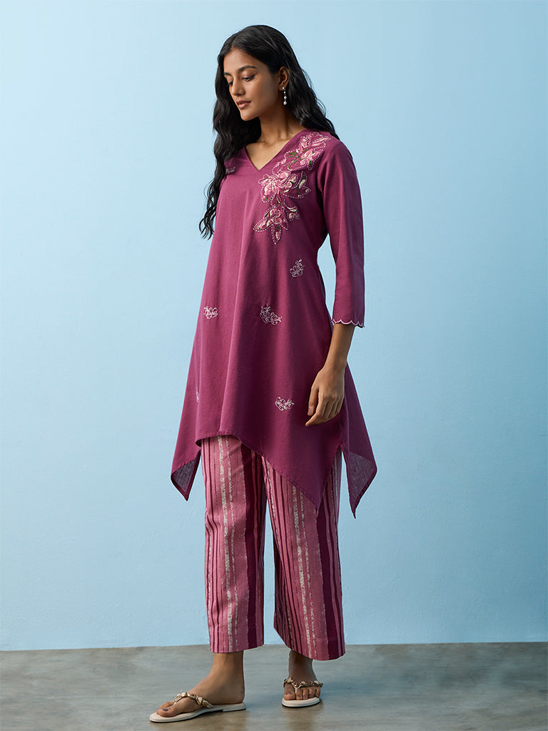 Utsa Magenta Floral-Embroidered Cotton-Blend A-Line Kurta