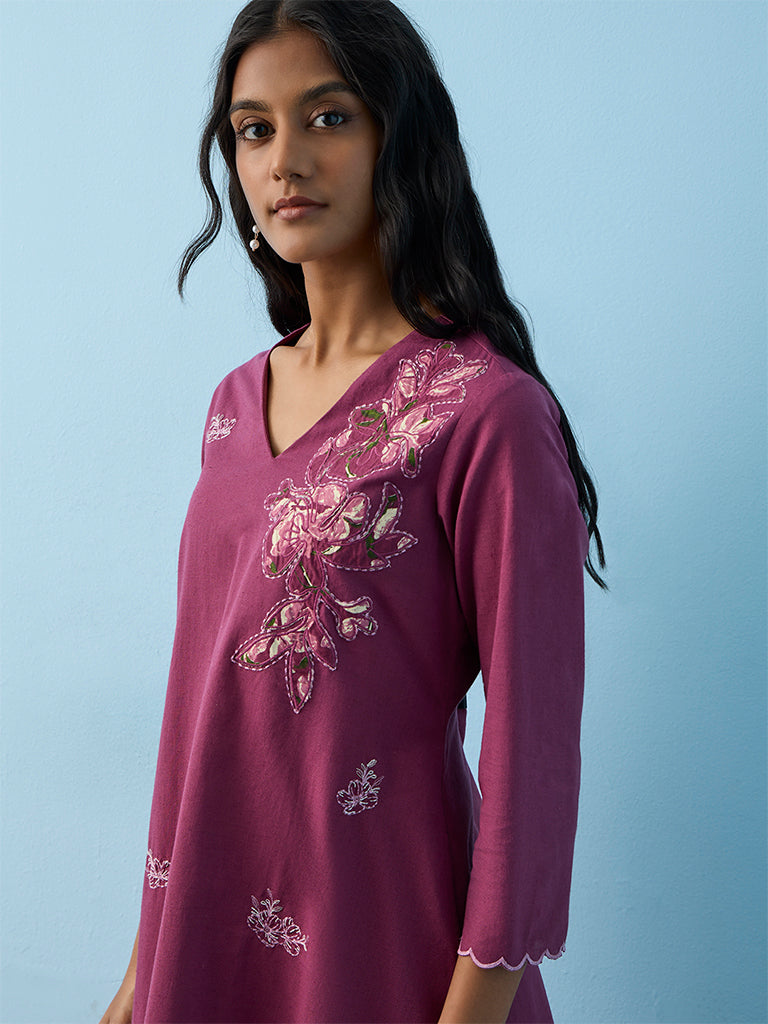 Utsa Magenta Floral-Embroidered Cotton-Blend A-Line Kurta