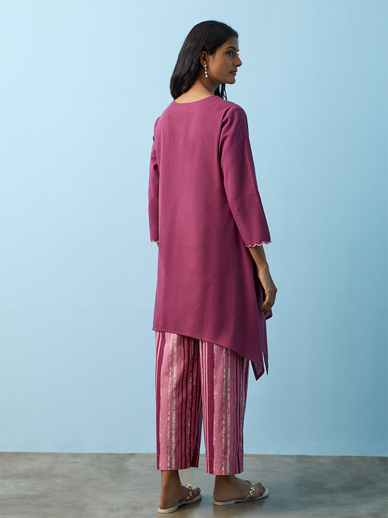Utsa Magenta Floral-Embroidered Cotton-Blend A-Line Kurta