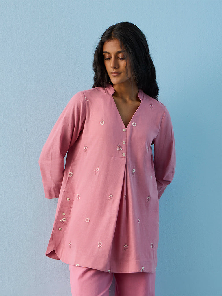 Utsa Pink Floral Embroidered Cotton Tunic